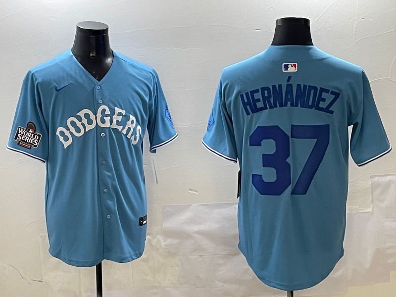 Men Los Angeles Dodgers #37 Hernandez Light Blue Joint Name 2025 Nike MLB Jersey style 3